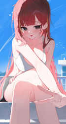 1girl akane_lize bird blonde_hair blue_sky breasts closed_mouth commentary crossed_legs grey_eyes hashtag-only_commentary highres huhi_(huhi_1211) long_hair mole mole_under_eye multicolored_hair outdoors red_hair sitting sky smile solo stellive streaked_hair tongue tongue_out v virtual_youtuber white_bird
