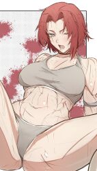 1girl abs absurdres blush gebura_(project_moon) highres lobotomy_corporation looking_at_viewer nb8c one_eye_closed open_mouth panties project_moon red_hair scar scar_across_eye scar_on_chest scar_on_face short_hair sitting solo sports_bra spread_legs sweat underwear