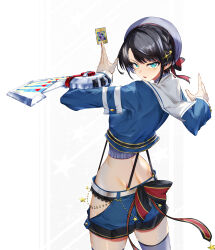 1girl absurdres black_hair blue_eyes blue_shirt blue_shorts card commentary_request cowboy_shot duel_disk hat highres hirano_masatoshi holding holding_card hololive long_sleeves looking_at_viewer looking_back official_alternate_costume oozora_subaru oozora_subaru_(work) shirt shorts solo standing virtual_youtuber white_hat yu-gi-oh! yu-gi-oh!_duel_monsters