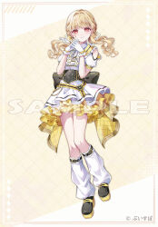 1girl black_shoes blonde_hair bow bowtie clothing_cutout coco7 floating_hair full_body glove_bow gloves interlocked_fingers kogara_toto long_hair looking_at_viewer loose_socks official_art own_hands_clasped own_hands_together red_eyes sample_watermark shirt shoes short_sleeves shoulder_cutout skirt socks standing striped_bow striped_bowtie striped_clothes virtual_youtuber vspo! watermark white_gloves white_shirt white_skirt white_socks yellow_bow