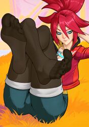 1girl arms_behind_head blue_eyes feet hi-fi_rush highres jacket korsica_(hi-fi_rush) long_hair looking_at_viewer pantyhose parted_lips puffypinkpaws red_hair shorts soles toes