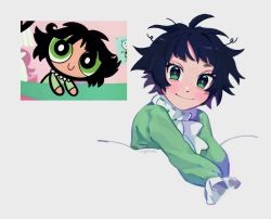 Rule 34 | artist name, black hair, buttercup (ppg), buttercup redraw challenge (meme), derivative work, frilled sleeves, frills, green eyes, green pajamas, grey background, long sleeves, looking at viewer, margaret h, meme, messy hair, pajamas, powerpuff girls, reference inset, screenshot inset, screenshot redraw, shadow, short hair