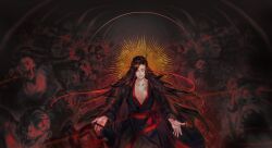 Rule 34 | 1boy, absurdres, ahoge, black coat, black hair, black hanfu, chest tattoo, chinese clothes, closed eyes, coat, collarbone, colored smoke, crowd, dizi, floating hair, flute, flute tassel, hair down, hair ribbon, half updo, halo, hanfu, highres, holding, holding flute, holding instrument, instrument, korean commentary, long hair, long sleeves, male focus, modao zushi, night, niken (niken ouo), official alternate costume, official alternate hairstyle, open clothes, open coat, open hands, outstretched arms, parted lips, pectoral cleavage, pectorals, red ribbon, red sash, ribbon, robe, sash, sidelocks, smile, smoke, solo focus, standing, tassel, tattoo, transverse flute, very long hair, wei wuxian, wei wuxian (yiling laozu), wide sleeves, zombie