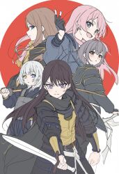 5girls armor bang_dream! bang_dream!_it&#039;s_mygo!!!!! black_gloves black_hair blue_eyes blush brown_eyes brown_hair chihaya_anon commentary_request earrings fang fingerless_gloves gloves grey_eyes grey_hair heterochromia highres holding holding_sword holding_weapon japanese_armor jewelry kaname_raana l666638 long_hair long_sleeves mole mole_under_eye multiple_girls mygo!!!!!_(bang_dream!) nagasaki_soyo open_mouth pink_hair purple_eyes shiina_mayuri short_hair sidelocks single_earring sword takamatsu_tomori teeth upper_teeth_only weapon white_hair yellow_eyes