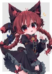 Rule 34 | 1girl, :d, absurdres, ahoge, animal ear fluff, animal ears, arm belt, black bow, black corset, black shirt, black skirt, blush, border, bow, bowtie, braid, cat ears, cat girl, center frills, colored inner animal ears, corset, cowboy shot, frilled skirt, frills, grey background, hair bow, highres, index finger raised, kaenbyou rin, leg ribbon, long sleeves, looking at viewer, mr.turtle head, multiple hair bows, nekomata, notice lines, open mouth, pointy ears, red bow, red bowtie, red eyes, red ribbon, ribbon, shirt, skirt, smile, solo, thigh ribbon, touhou, twin braids, twintails, white border