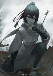 1girl alternate_eye_color arrow_(projectile) arrow_in_body artist_name battlefield boots cloud cloudy_sky feng_ling&#039;er feng_ling_yu_xiu furrowed_brow glint green_eyes hand_on_ground injury kneeling monochrome scarf sky smile smirk solo sty_yang watermark weibo_watermark