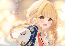 1girl :d blonde_hair blue_jacket blurry blurry_background braid brown_eyes character_name commentary_request depth_of_field fang from_side fujita_kotone gakuen_idolmaster hair_ornament hair_over_shoulder hairclip hand_up highres idolmaster index_finger_raised jacket letterman_jacket long_hair looking_at_viewer looking_to_the_side low_twintails necktie open_clothes open_jacket open_mouth red_necktie rino_cnc shirt smile solo twin_braids twintails twitter_username upper_body white_shirt