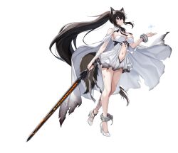 1girl alpha_transparency animal_ear_fluff animal_ears awakened_yoo_mina_(counter:side) bare_shoulders black_ribbon breasts broken broken_chain brown_hair cape chain cleavage commentary counter:side dress english_commentary floating_hair high_heels holding holding_sword holding_weapon large_breasts long_hair looking_ahead low_neckline navel neck_ribbon official_alternate_costume official_art open_hand purple_eyes revealing_clothes ribbon runes shoes sidelocks simple_background single_ankle_cuff single_wrist_cuff snowflakes solo standing sword tachi-e tail thighs torn_cape torn_clothes torn_dress transparent_background very_long_hair weapon white_cape white_dress white_shoes wolf_ears wolf_girl wolf_tail wrist_cuffs yoo_mina