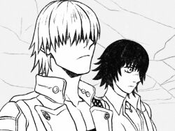 1boy 1girl animated animated_gif black_gloves black_hair coat crying dante_(devil_may_cry) devil_may_cry devil_may_cry_(series) devil_may_cry_3 fingerless_gloves gloves hair_over_eyes holding_hands juliewithaxe lady_(devil_may_cry) lowres midriff scar scar_on_face scar_on_nose streaming_tears tears white_hair