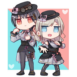 2girls :d bare_shoulders black_bow black_bowtie black_hat black_pantyhose blue_background border bow bowtie ceras_yanagida_lilienfeld clenched_hand closed_mouth clothing_cutout collared_shirt commentary deformed edel_note english_commentary frilled_sleeves frills full_body goggles goggles_on_headwear grey_hair grey_pants grey_shirt grey_skirt hair_ribbon hat haz heart jitome katsuragi_izumi link!_like!_love_live! long_hair long_sleeves looking_at_viewer love_live! medium_skirt multiple_girls neck_ribbon official_alternate_costume open_hand open_mouth orange_eyes outside_border outstretched_arm pants pantyhose pink_ribbon red_background retrofuture_(love_live!) ribbon shirt shoulder_cutout skirt slit_pupils smile standing two-tone_background v-shaped_eyebrows virtual_youtuber white_border