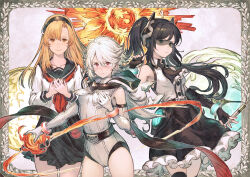 3girls artist_request ascot bare_shoulders black_ascot black_gloves black_hair black_sailor_collar black_skirt breasts brown_hair buttons closed_mouth collarbone cowboy_shot dunant_pilse fingerless_gloves fireball frilled_ascot frills glasses gloves grey_background grey_gloves grey_leotard hair_ornament hand_up highres holding holding_syringe koishikawa_iko lady_black_(shy) leotard long_hair looking_at_viewer maeka_(kumaekake) magic miniskirt multiple_girls neckerchief official_art red_neckerchief sailor_collar second-party_source short_hair shy_(character) shy_(series) skirt small_breasts syringe