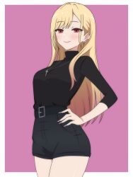 Rule 34 | 1girl, absurdres, black shorts, blonde hair, border, breasts, closed mouth, cross, cross necklace, dani (angrymatthew), denim, denim shorts, ear piercing, eyebrows hidden by hair, eyes visible through hair, gyaru, hand on own hip, high-waist shorts, highres, jewelry, kitagawa marin, large breasts, long hair, long sleeves, looking at viewer, multicolored hair, necklace, outside border, piercing, pink eyes, pink hair, purple background, shirt, short shorts, shorts, smile, solo, sono bisque doll wa koi wo suru, standing, streaked hair, swept bangs, thighs, turtleneck, turtleneck shirt, very long hair, white border