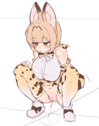 1girl animal_ears animal_print black_bow blush bow bowtie breasts cat_ears cat_girl cat_tail detached_sleeves footwear_bow hands_on_own_knees kemono_friends large_breasts long_sleeves looking_down navel no_panties orange_bow orange_bowtie orange_hair orange_skirt orange_thighhighs peeing print_bow print_bowtie print_skirt print_thighhighs puddle pussy sairen_blade serval_(kemono_friends) serval_ears shirt shoes short_hair sketch skirt sleeveless sleeveless_shirt spread_legs squatting tail thighhighs white_background white_shirt white_shoes yellow_eyes yonex