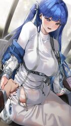 Rule 34 | 1boy, 1girl, arcana (nikke), bench, blue eyes, blue hair, blush, breast zipper, breasts, claws, commander (nikke), dress, ear piercing, earrings, flower hairpin, full-length zipper, goddess of victory: nikke, grey eyes, hair intakes, hair ornament, hetero, highres, jewelry, large breasts, long hair, long sleeves, looking at viewer, nightgown, nonohachi, on bench, one side up, open mouth, outdoors, panties, park bench, partially unzipped, piercing, see-through clothes, silver nails, sitting, smile, tight clothes, tight dress, turtleneck, turtleneck dress, underwear, unzipped, very long hair, white dress, white nails, white nightgown, white panties, zipper, zipper dress