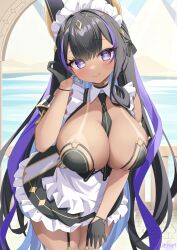 1girl absurdres animal_ears apron azur_lane between_breasts black_dress black_gloves black_hair blush breasts cleopatra_(azur_lane) dark-skinned_female dark_skin dress elegant_(sumisumi4268) frilled_apron frills garter_straps gloves highres jackal_ears jackal_girl long_hair looking_at_viewer maid maid_apron maid_headdress multicolored_hair necktie necktie_between_breasts puffy_sleeves purple_eyes purple_hair solo streaked_hair symbol-shaped_pupils tan tanline waist_apron white_apron