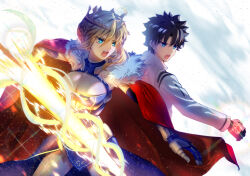 1boy 1girl armor armored_dress artoria_pendragon_(fate) artoria_pendragon_(lancer)_(fate) blonde_hair blue_dress blue_eyes breasts cape cleavage command_spell commentary_request cowboy_shot crown dress fate/grand_order fate_(series) fujimaru_ritsuka_(male) fujimaru_ritsuka_(male)_(decisive_battle_chaldea_uniform) fur-trimmed_cape fur_trim gauntlets highres holding holding_polearm holding_weapon large_breasts open_mouth polearm shirt toomishou weapon white_shirt
