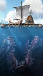 1boy absurdres animal ark_survival_evolved closed_eyes cloud cloudy_sky coelacanth commentary dinosaur english_commentary fire fireplace fish fishing fishing_line fishing_rod fuego_(imenfuego) highres jellyfish jerboa looking_down manta_ray moeder_master_of_the_ocean obelisk raft sail skull_on_head sky sleeping smoke topless_male underwater