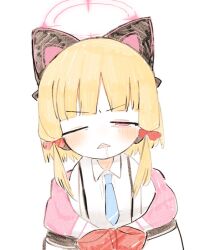 1girl animal_ears blonde_hair blue_archive blush bow closed_eyes collared_shirt facing_viewer hair_bow hair_ribbon hat long_hair long_sleeves momoi_(blue_archive) open_mouth ribbon shinbashi_seiji shirt simple_background solo upper_body white_background white_shirt