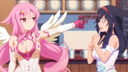 Rule 34 | 2girls, ahoge, aiming, antenna hair, black hair, bodysuit, cafe, cupid, curtained hair, game cg, gloves, gun, hairband, handgun, lilim (sakura cupid), mitsuki (sakura cupid), multiple girls, official art, pink gloves, pink hair, red hairband, sakura cupid, scared, wanaca, weapon