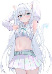 1girl animal_ear_fluff animal_ears aqua_eyes aqua_ribbon armpits arms_behind_head arms_up belt belt_buckle blush breast_ribbon buckle cat_ears cat_girl cat_tail character_request chest_belt closed_mouth collared_shirt commentary commission copyright_request cowboy_shot crop_top cropped_shirt detached_sleeves frilled_shirt frills green_belt hair_intakes highres iruka3 key light_frown linea_alba long_hair long_sleeves looking_at_viewer loose_belt miniskirt navel pleated_skirt ribbon shirt simple_background skeb_commission skirt solo standing stomach tail very_long_hair wallet_chain white_background white_belt white_hair white_shirt white_skirt wing_collar