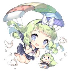 2girls :d bare_legs bird blue_eyes blue_hairband blue_sailor_collar blue_skirt blunt_bangs blush blush_stickers bow bow_hairband brown_dress brown_shoes chest_harness chibi dress fairy_(girls&#039;_frontline) falling feathers floating_hair full_body girls&#039;_frontline green_hair hair_bow hairband harness holding long_hair looking_at_viewer multiple_girls neck_ribbon official_art open_mouth parachute parachute_fairy_(girls&#039;_frontline) pink_ribbon ribbon sailor_collar saru shirt shoes simple_background skirt sleeveless sleeveless_shirt slit_pupils smile third-party_source transparent_background white_bird white_bow white_feathers white_shirt |_|