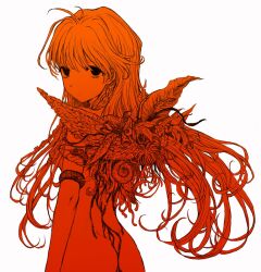 1girl blood body_horror braid chan8016 expressionless highres insect_wings leaf_wings long_hair looking_at_viewer looking_back monochrome nude plant_wings sayonara_wo_oshiete side_braids simple_background solo sugamo_mutsuki tendril upper_body white_background wings