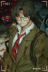 Rule 34 | 1boy, among us, blood, blood on clothes, blood on face, blood on ground, brown eyes, brown hair, brown jacket, cigarette, collared shirt, crewmate (among us), dried blood, facial hair, firefist office (identity) (project moon), flamethrower, glasses, glitch, glowing, glowing eyes, gregor (project moon), highres, jacket, krkm hks, limbus company, long hair, long sleeves, low ponytail, male focus, necktie, official alternate costume, ponytail, project moon, red necktie, shirt, smoking, solo, striped clothes, striped jacket, stubble, suit jacket, twitter username, viewfinder, weapon, white shirt