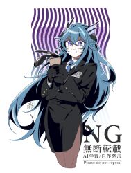 1girl alternate_costume aqua_hair black_gloves black_jacket black_skirt blue_necktie braid collared_shirt crossed_bangs crying crying_with_eyes_open cup fins gloves hair_between_eyes head_fins holding holding_cup jacket lamia_(pgr) long_hair necktie office_lady open_mouth pencil_skirt punishing:_gray_raven purple_eyes ringed_eyes scared shell_hair_ornament shiraeda shirt skirt solo tears very_long_hair white_shirt
