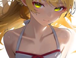 1girl bare_shoulders blonde_hair dress highres long_hair monogatari_(series) oshino_shinobu pointy_ears ribbon signature simple_background solo vampire very_long_hair white_background white_dress wu_hefeng yellow_eyes