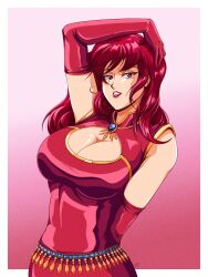 1girl arm_on_own_head belt border breasts brooch china_dress chinese_clothes cleavage cleavage_cutout clothing_cutout collared_dress dress gloves gold_trim gradient_background highres huge_breasts jewelry long_hair looking_at_viewer niao_sun open_mouth red_dress red_eyes red_gloves red_hair red_lips second-party_source shenmue shenmue_iii sidelocks signature solo studded_belt swept_bangs tedbob84 white_border