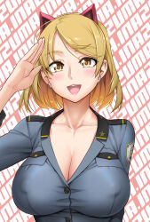 1girl artist_name blonde_hair blush breasts cleavage collarbone covered_erect_nipples earrings highres jewelry large_breasts military_uniform open_mouth original paid_reward_available salute satou_shouji smile solo star_(symbol) star_earrings swept_bangs yellow_eyes