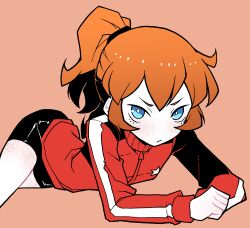 1girl akableak bike_shorts body_freckles bright_pupils charlotte_(akableak) closed_mouth freckles high_contrast highres jacket long_sleeves looking_at_viewer lying multicolored_jacket on_side on_stomach orange_hair original ponytail red_jacket solo two-tone_jacket white_pupils