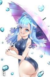 1girl abiboge absurdres ass blue_eyes blue_hair blue_one-piece_swimsuit breasts colored_tips ear_piercing highres hololive hololive_indonesia kobo_kanaeru liquid_hair long_hair medium_breasts multicolored_hair one-piece_swimsuit piercing split_ponytail swimsuit umbrella virtual_youtuber water white_background
