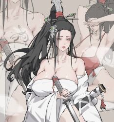 Rule 34 | 1girl, armpits, arms up, bare shoulders, black hair, body writing, breast tattoo, breasts, chinese clothes, cleavage, covered erect nipples, covering own eyes, dress, grey eyes, hair ornament, highres, holding, holding sword, holding weapon, huge breasts, large breasts, lips, long hair, looking at viewer, mole, mole on breast, multiple views, original, patreon logo, ponytail, shan3143311380, sword, tattoo, weapon