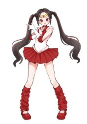1girl bishoujo_senshi_sailor_moon blackpink blush brown_hair circlet commentary_request elbow_gloves full_body gloves highres jennie_(blackpink) leg_warmers looking_at_viewer real_life red_eyes red_leg_warmers red_shoes red_skirt sailor_moon_pose sailor_senshi_uniform samarundao shoes sidelocks simple_background skirt sleeveless smile solo twintails white_background white_gloves