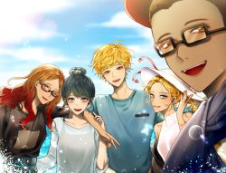 2boys 3girls adrien_agreste alternate_costume alya_cesaire baseball_cap black_hair blonde_hair blue_eyes brown_hair chloe_bourgeois glasses gradient_hair green_eyes hat long_hair low_twintails marinette_dupain-cheng miraculous_ladybug multicolored_hair multiple_boys multiple_girls nino_lahiffe orange_eyes red_hair semi-rimless_eyewear shojo sun_hat twintails under-rim_eyewear