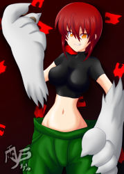 1girl ameto_nagel babydoll_t-shirt baggy_pants breasts cargo_pants groin impossible_pants loose_pants lowleg lowleg_pants midriff navel no_panties orange_eyes pants red_hair riza_wildman short_hair smirk