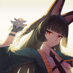1girl animal_ears arm_up backlighting black_gloves black_hair black_necktie blunt_bangs braid bright_pupils closed_mouth collared_shirt commission fingerless_gloves fox_ears fox_girl gloves green_jacket highres holding hoshimi_miyabi jacket light_smile long_hair looking_at_viewer necktie red_eyes roam_hong shirt solo upper_body white_pupils white_shirt zenless_zone_zero