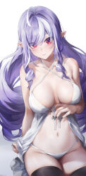 1girl absurdres black_nails black_thighhighs breasts cleavage dress drill_hair highres long_hair looking_at_viewer mole mole_under_eye multicolored_hair navel panties parted_bangs pointy_ears purple_dress red_hair simple_background sitting smile solo stomach streaked_hair swkl:d thighhighs twin_drills underwear vivian_banshee white_background white_hair white_panties zenless_zone_zero