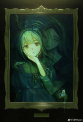 2girls absurdres alternate_costume asphyxiation bags_under_eyes bang_dream! bang_dream!_it&#039;s_mygo!!!!! black_shirt center-flap_bangs chinese_commentary closed_mouth collarbone commentary_request dark dress drowning earrings empty_eyes expressionless forehead frilled_dress frills front-to-back g00d1a green_eyes green_hair hand_on_another&#039;s_cheek hand_on_another&#039;s_chin hand_on_another&#039;s_face hand_on_another&#039;s_shoulder highres horror_(theme) jewelry long_hair looking_ahead looking_at_viewer making-of_available mori_minami mother_and_daughter multiple_girls neck_ribbon parted_lips partially_submerged picture_frame puffy_short_sleeves puffy_sleeves ribbon ripples shirt short_sleeves smile square_neckline stud_earrings submerged sweat t-shirt through_medium through_painting wakaba_mutsumi water_drop watermark weibo_watermark yellow_eyes