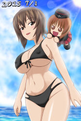 2girls abs absurdres bikini birthday black_bikini black_hat black_jacket black_shoes blush bow bow_bikini breasts brown_eyes brown_hair covered_erect_nipples dated front-tie_bikini_top front-tie_top garrison_cap girls_und_panzer hands_on_another&#039;s_shoulders hat highres jacket kuromorimine_military_uniform large_breasts looking_at_another looking_at_viewer megi2009 military military_hat military_uniform miniskirt multi-strapped_bikini_bottom multiple_girls navel nishizumi_maho nishizumi_miho ocean open_mouth pleated_skirt red_shirt shirt shoes skirt stuffed_toy summer sun swimsuit