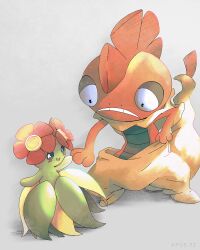 animal_hands apus_92 bellossom black_eyes closed_mouth flower gen_2_pokemon gen_5_pokemon half-closed_eyes highres holding_hands nintendo no_humans open_mouth plant pokemon pokemon_(creature) scrafty simple_background smile tail
