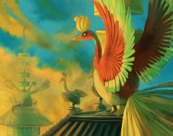 bird cloud creatures_(company) eye_contact game_freak gen_2_pokemon glitchedpuppet ho-oh legendary_pokemon looking_at_another lugia nintendo no_humans outdoors pokemon pokemon_(creature) sky standing tower