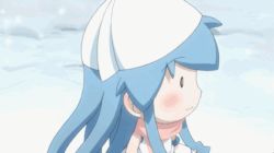 1girl :d ^_^ animated animated_gif anime_screenshot blue_hair blush_stickers breath chibi closed_eyes female_focus hat ikamusume lowres mini-ikamusume non-web_source o_o open_mouth scarf shinryaku!_ikamusume smile snow solo steam tentacle_hair winter