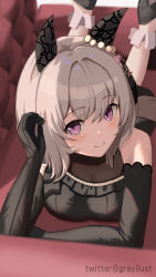 1girl absurdres animal_ears bare_shoulders black_dress black_gloves blush bow breasts cleavage couch curren_chan_(sakutsuki_ma_cherie)_(umamusume) curren_chan_(umamusume) dress ear_covers elbow_gloves frilled_dress frills gloves grey_hair guree_(haiiro) hair_between_eyes hair_intakes halterneck head_tilt highres horse_ears horse_girl horse_tail looking_at_viewer lying medium_breasts official_alternate_costume on_stomach pink_eyes see-through_clothes see-through_cleavage short_hair smile split_mouth tail the_promised_time:_silks_&amp;_three_riddles_(umamusume) umamusume watermark
