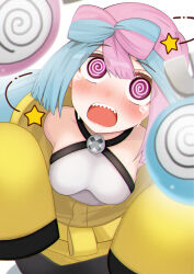1girl @_@ absurdres blue_hair blush breasts gen_1_pokemon highres iono_(pokemon) jacket leotard long_hair looking_at_viewer magnemite medium_breasts multicolored_hair nintendo open_mouth pink_hair pokemon pokemon_(creature) pokemon_sv sharp_teeth sleeves_past_fingers sleeves_past_wrists solo teeth tonarikeru two-tone_hair upper_teeth_only very_long_hair white_leotard yellow_jacket