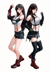 2girls bare_legs black_gloves black_hair black_thighhighs boots commentary commission crop_top dual_persona english_commentary final_fantasy final_fantasy_vii final_fantasy_vii_remake fingerless_gloves full_body gloves highres long_hair low-tied_long_hair miniskirt multiple_girls red_boots red_eyes red_gloves skirt spykeee standing suspender_skirt suspenders thighhighs tifa_lockhart zettai_ryouiki