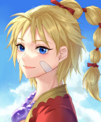 Rule 34 | 1girl, blonde hair, blue sky, chrono cross, closed mouth, cloud, commentary request, facial mark, hair ribbon, jewelry, kid (chrono cross), kiryuu sara (artist), lips, long hair, looking at viewer, necklace, outdoors, pink lips, ponytail, red ribbon, ribbon, signature, sky, smile, solo