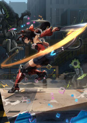 1girl absurdres animal_ear_fluff animal_ears bare_shoulders black_hair black_shorts black_thighhighs cat_ears cat_girl cat_tail dark-skinned_female dark_skin detached_sleeves ethereal_(zenless_zone_zero) high_heels highres holding holding_sword holding_weapon leg_armor long_hair multiple_tails nekomiya_mana ponytail puffy_detached_sleeves puffy_sleeves red_eyes short_shorts shorts slashing sword tail thighhighs two_tails user_ecnk4258 weapon zenless_zone_zero