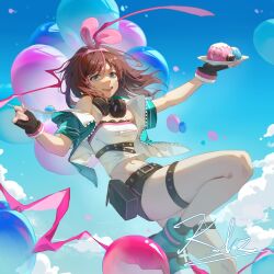 1girl :d artist_name balloon bare_shoulders belt black_belt black_gloves black_shorts blue_eyes blue_jacket brown_hair crop_top fingerless_gloves food gloves hairband holding holding_plate holding_spoon jacket kiz_(yalimasinei) kizuna_ai kizuna_ai_inc. long_hair looking_at_viewer midriff nail_polish navel off_shoulder open_clothes open_jacket open_mouth pink_hairband pink_nails plate shirt short_shorts short_sleeves shorts signature smile solo spoon stomach strapless strapless_shirt thigh_strap thighs white_shirt